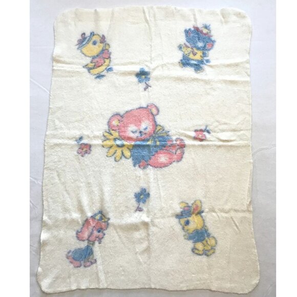 Vintage Pastel Baby Blanket Animals Bear Crib Blankie Nostalgic Soft Fluffy - Picture 2 of 5